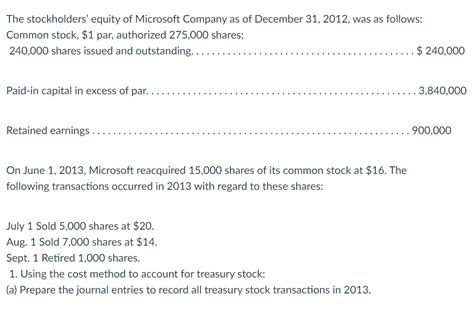 Solved The Stockholders Equity Of Microsoft Company As Of