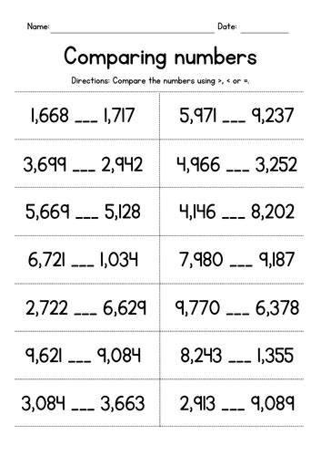 Comparing Three And Four Digit Numbers Worksheets