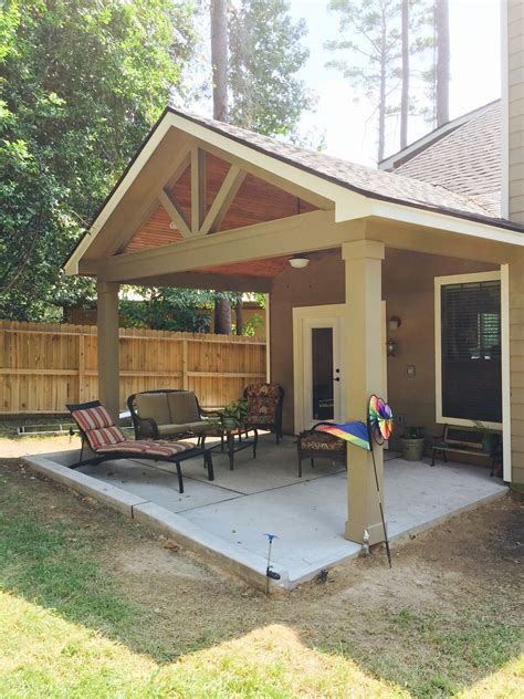 Gable Roof Patio Cover With Wood Stained Ceiling Concrete Patio