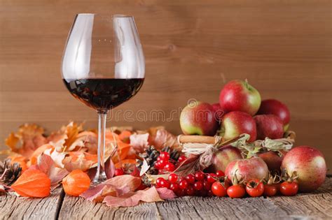 Fall Wine In Glass On Rustic Wooden Background Stock Image Image Of