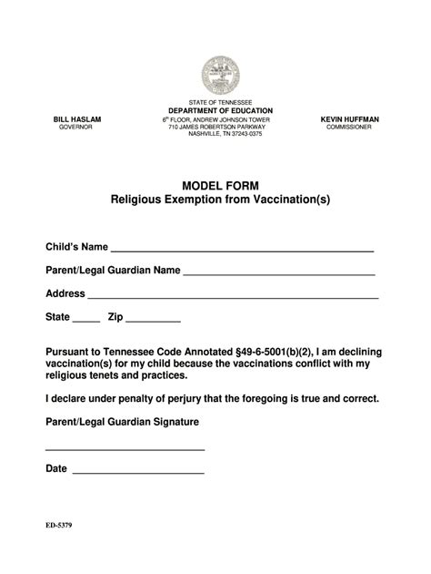 Religious Exemption Form Tn