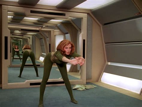 Deanna Troi And Beverly Crusher Exercising In Tights Gates Mcfadden Marina Sirtis Star Trek