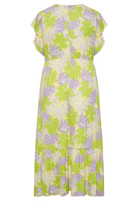 Plus Size Yellow Leaf Print Tiered Midaxi Dress Yours Clothing
