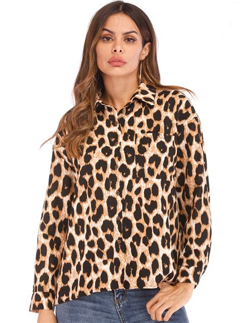 Fashion Womens V Neck Leopard Print Chiffon Blouse T Shirts Long Sleeve Button Down Shirt Tops