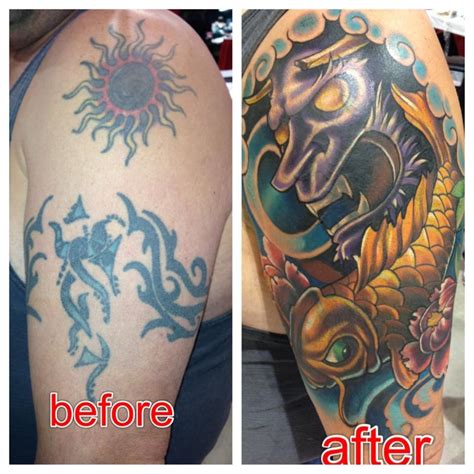 The ideal site for tattoo addicts who are struggling to find inspiration for. Tribal Tattoo cover up with Japanese Mask and koi | Tribal ...