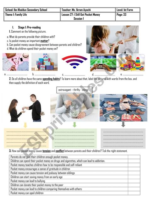 1st Form Lesson N° 7 I Still Get Pocket Money Esl Worksheet By