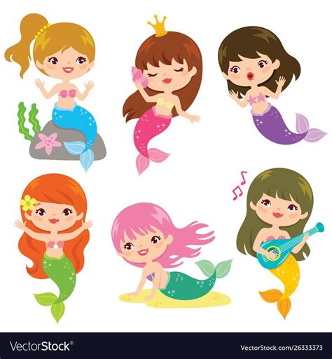 Set Of Six Cute Mermaids In Different Poses Over White Background