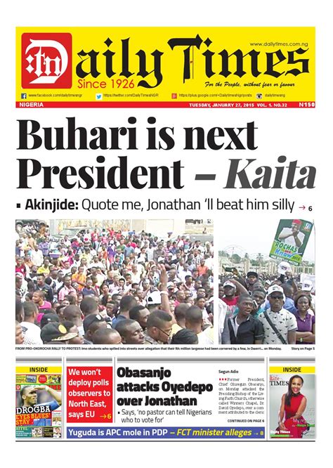 Daily Times Of Nigeria Newspaper Tuesday 27th Of January 2015 By