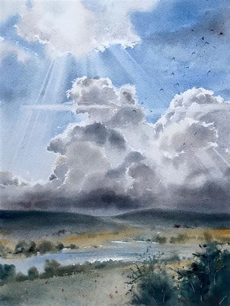 Wall Decor Field And Clouds Watercolor Painting Original Artwork