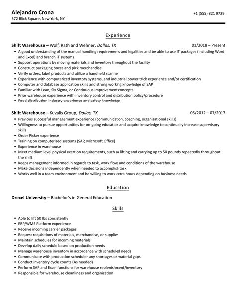 Shift Warehouse Resume Samples | Velvet Jobs