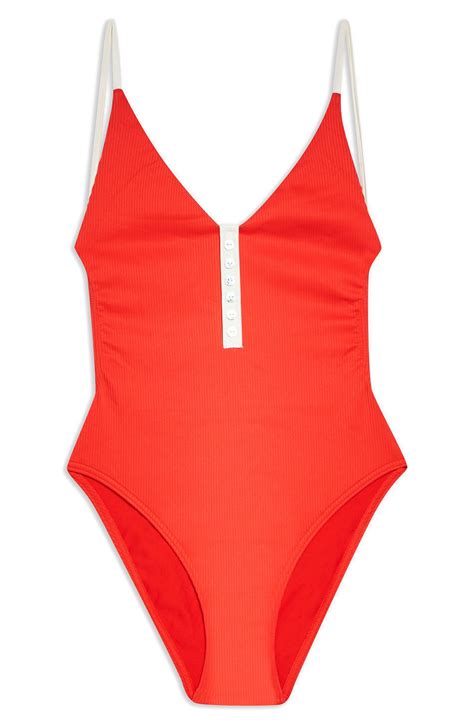Topshop Pamela Button Ribbed One Piece Swimsuit Swimwear Beachwear