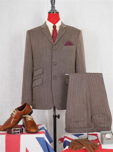 Vintage Mod Suits Tweed Herringbone Pinstripe Brown Tailored 60s Suit