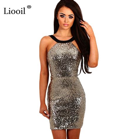 Liooil Gold Silver Sequin Dress Summer Halter Sleeveless Backless Bodycon Bandage Sexy Club