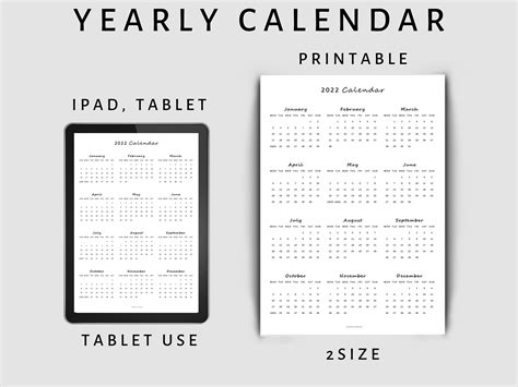 2022 Yearly Planner 2022 Calendar Printable One Page Yearly Etsy