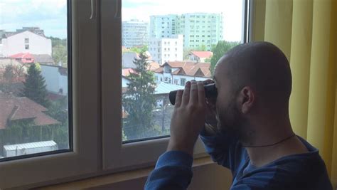 Nasty Neighbor Binocular Spying People Behind Stock Footage Video 100