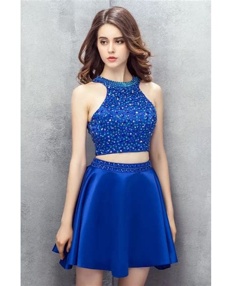 Bling Sequins Royal Blue Two Pieces Satin Short Prom Dress Yh