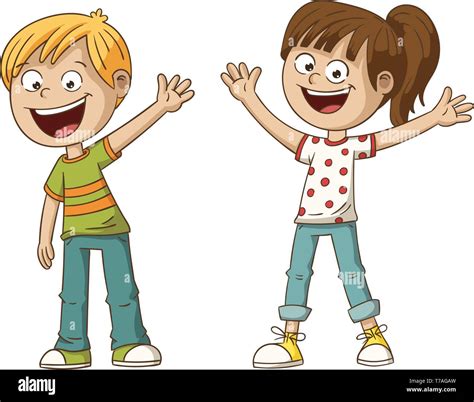 Two Smiling Cartoon Kids Hand Drawn Vector Illustration Each On A
