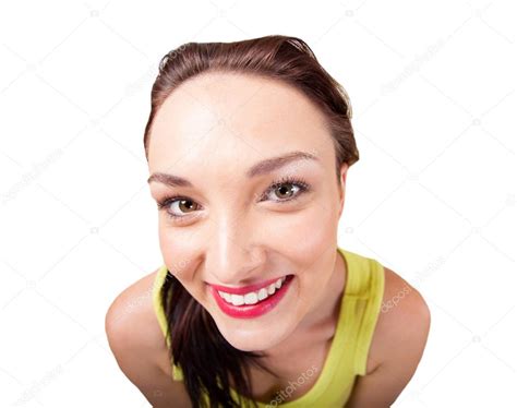 Wideangle Distorted Picture Of Funny Young Woman Face — Stock Photo