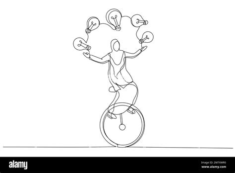 Cartoon Of Muslim Businesswoman Riding Unicycle Juggling Lightbulb Lamp