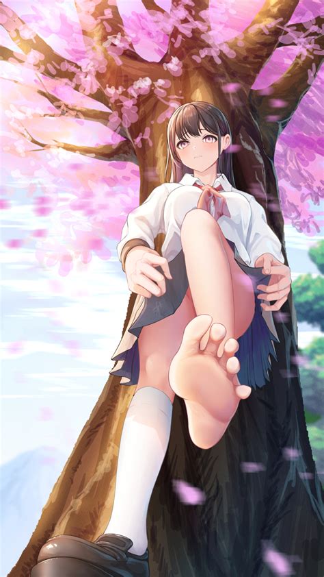 Highres 1girl Barefoot Cherry Blossoms Clothes Lift Feet Light Blush Loafers Long Hair