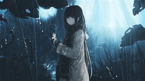 Desktop Wallpaper Blue Eye Anime Girl Long Hair Rain Original Hd