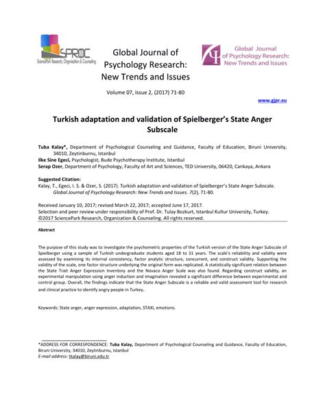 Pdf Turkish Adaptation And Validation Of Spielbergers State Anger