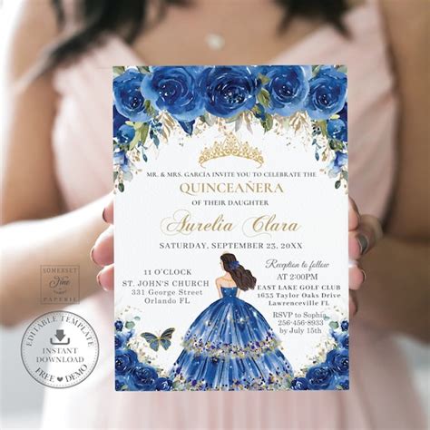 Royal Blue Floral Quinceañera Invitation Printable Instant Etsy
