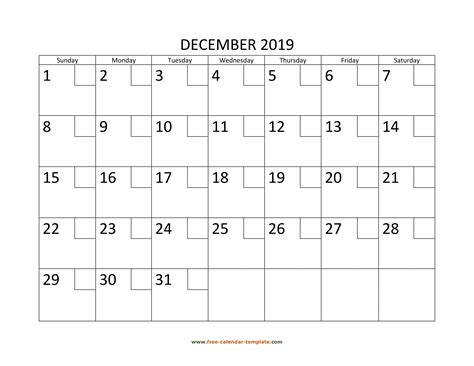 December Calendar 2019 Printable With Checkboxes Horizontal Free