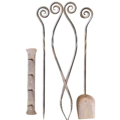 20th Century Large Wrought Iron Fire Tool Set Fire Irons Fire Iron Wrought Iron Modern