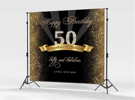 50th Birthday Backdrop Black And Gold Party Banner Black And Etsy
