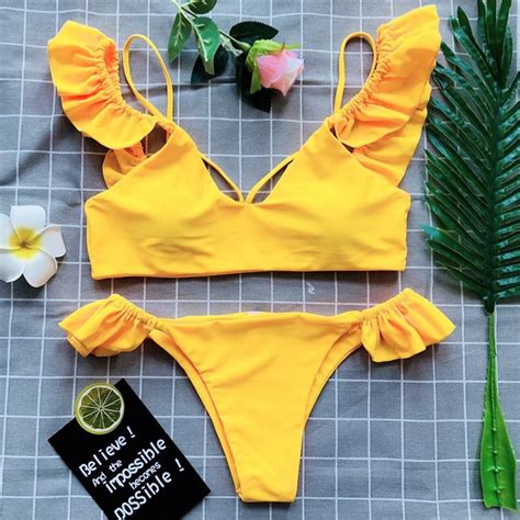 2018 women sexy lotus leaf bikini set ruffle strap push up swimwear swimsuit push up padded bra
