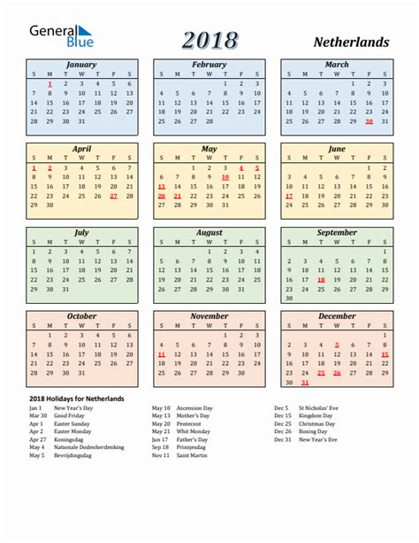 2018 The Netherlands Calendar With Holidays