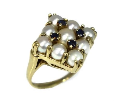 14k white pearl and sapphire cocktail ring heavy vintage setting sapphire cocktail ring