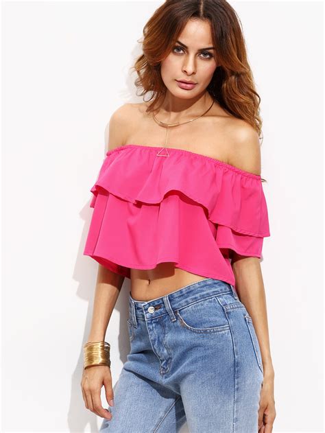 Hot Pink Off The Shoulder Ruffle Top Sheinsheinside