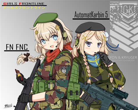 Safebooru 2girls Absurdres Ak 5 Ak5 Girls Frontline Assault Rifle Bandanna Beret Blonde Hair