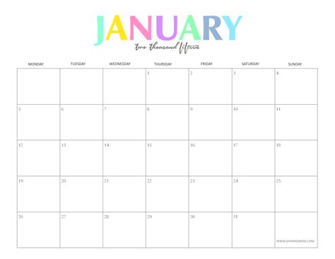Free Printable January 2015 Calendars