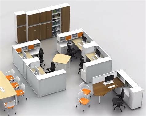 Modern Office Cubicle Design With Desks Chairs And Cabinets