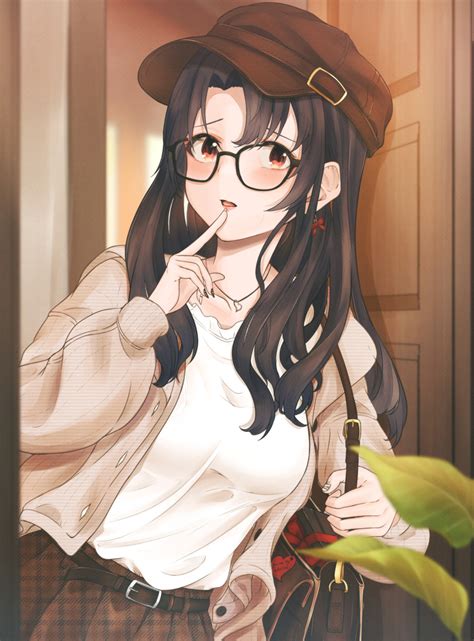 Safebooru 1girl Bag Black Hair Breasts Casual Commentary Request Door Frown Glasses Hat