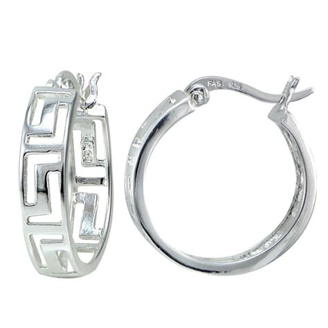 Shop Mondevio Sterling Silver Greek Key Hoop Earrings Free Shipping
