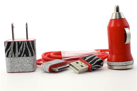 Red Iphone Charger Set With Black And Silver Zebra Print Trim Ipod