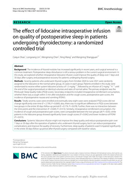 Pdf The Effect Of Lidocaine Intraoperative Infusion On Quality Of