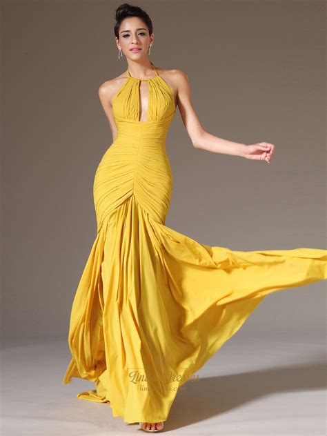 yellow mermaid halter neck sleeveless ruched bodice chiffon prom dress linda dress