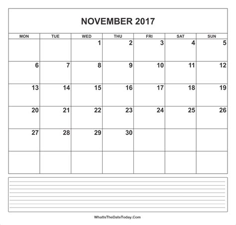 Calendar November 2017 With Notes Whatisthedatetodaycom