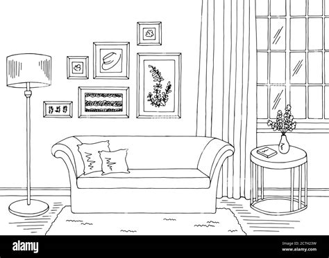 Living Room Graphic Black White Home Interior Sketch Illustration