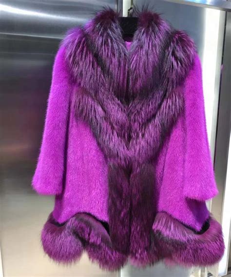 Luxury Mink Fur Spliced With Fox Fur Coat Beautyful Purple Color