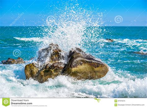 Large Wave Crash Against The Rocks At The Beach Stock Image Image Of