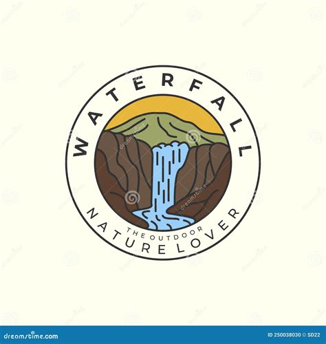 Mountain And Waterfall With Vintage And Emblem Style Logo Icon Template