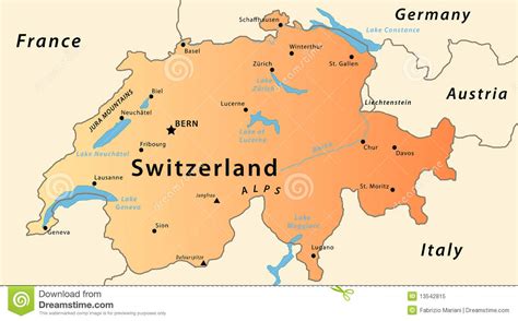 In ieder geval worden land en water onderscheiden. De kaart van Zwitserland vector illustratie. Illustratie ...
