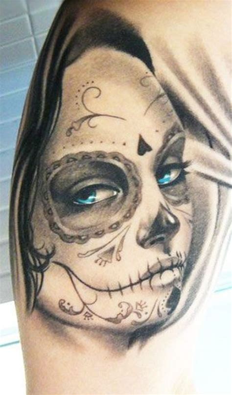 Pretty Grey Ink Day Of The Dead Girl With Blue Eyes Tattoo