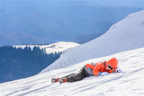Boy Fell Down Over Fresh Snow Happy Boy Laying On Snow Stock Photo